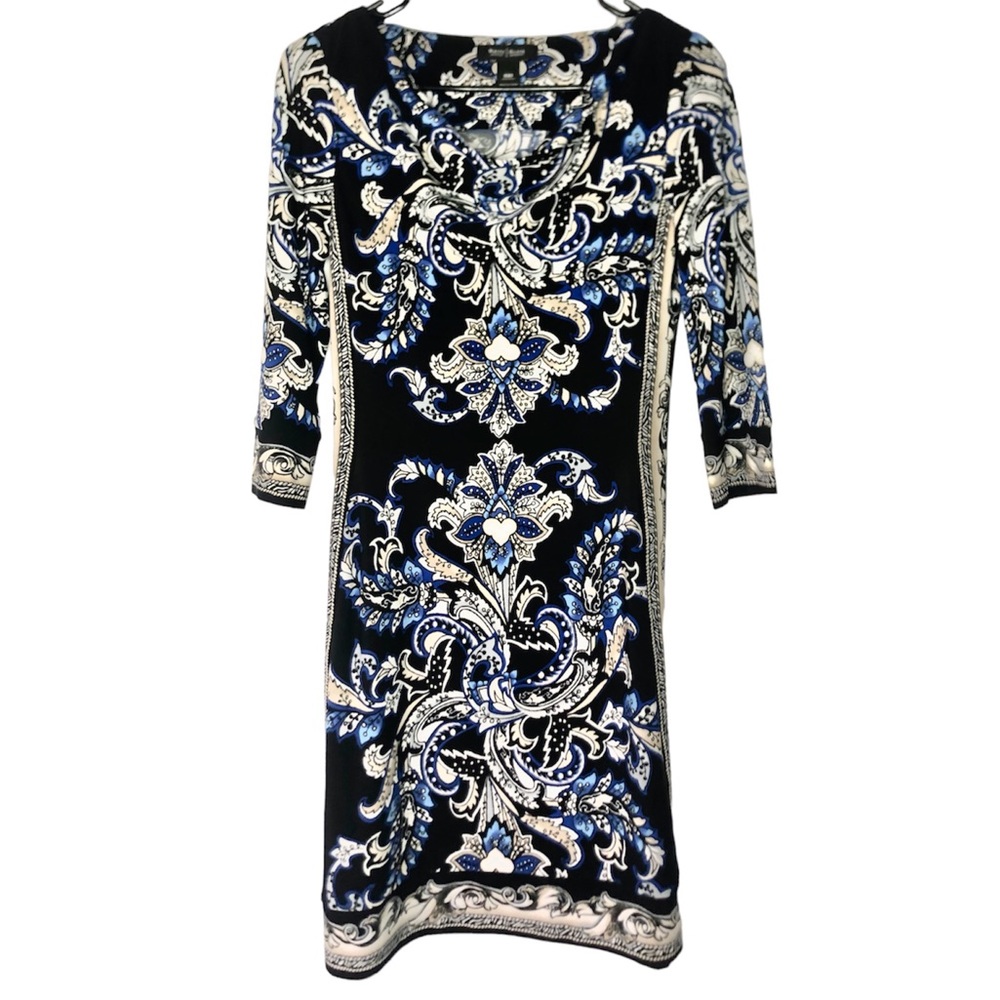 White House Black Market Drape Neck Black and Blue Damask Shift Dress